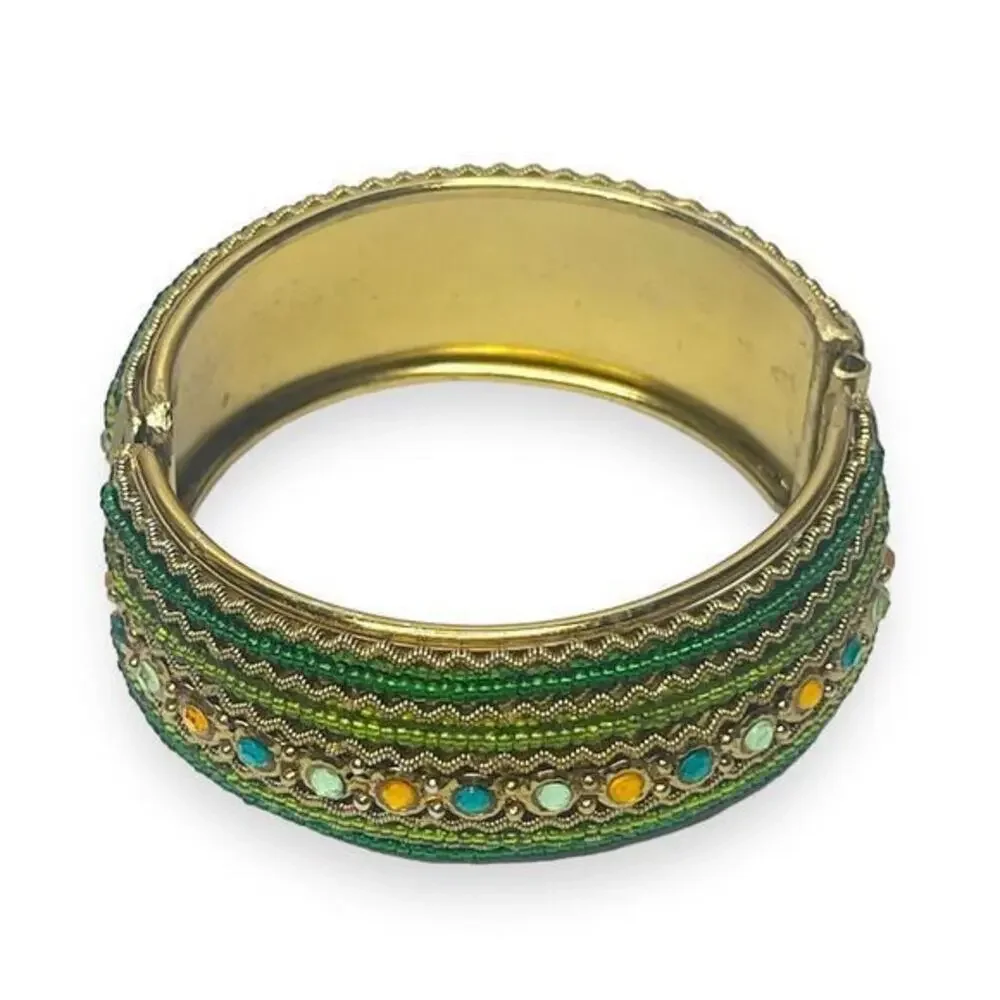 Bangle Bracelet‎ Jeweled Aqua Green Beads Hinged Mid Century Vintage